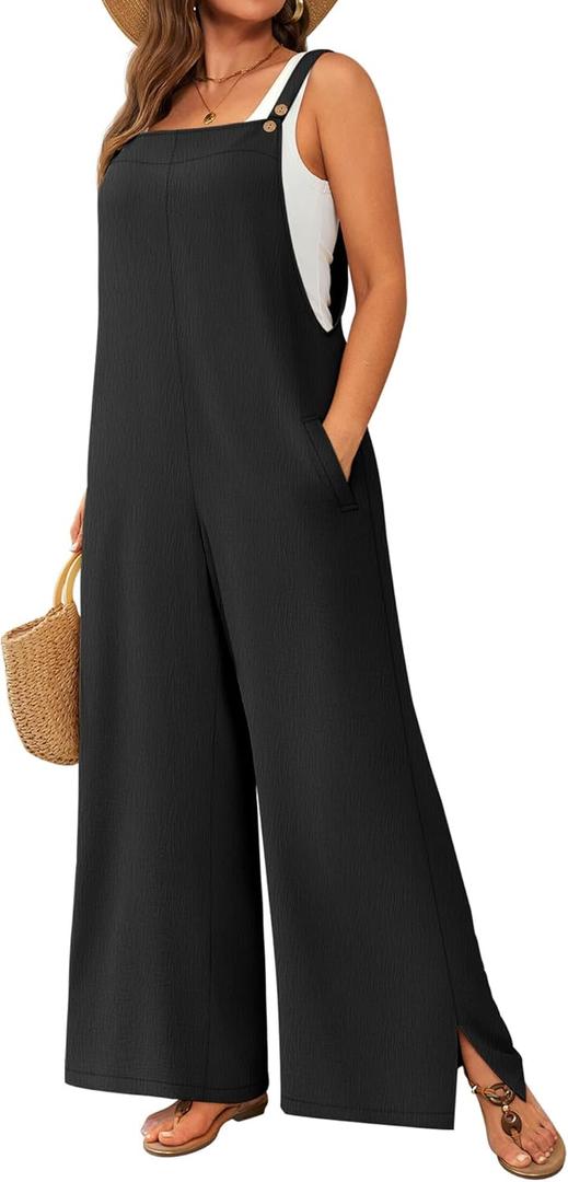 Neer Women's Plus Size Overalls Wide Leg Casual Jumpsuits Loose Fit Sleeveless Summer Rompers with Pockets (X-Large, Black)