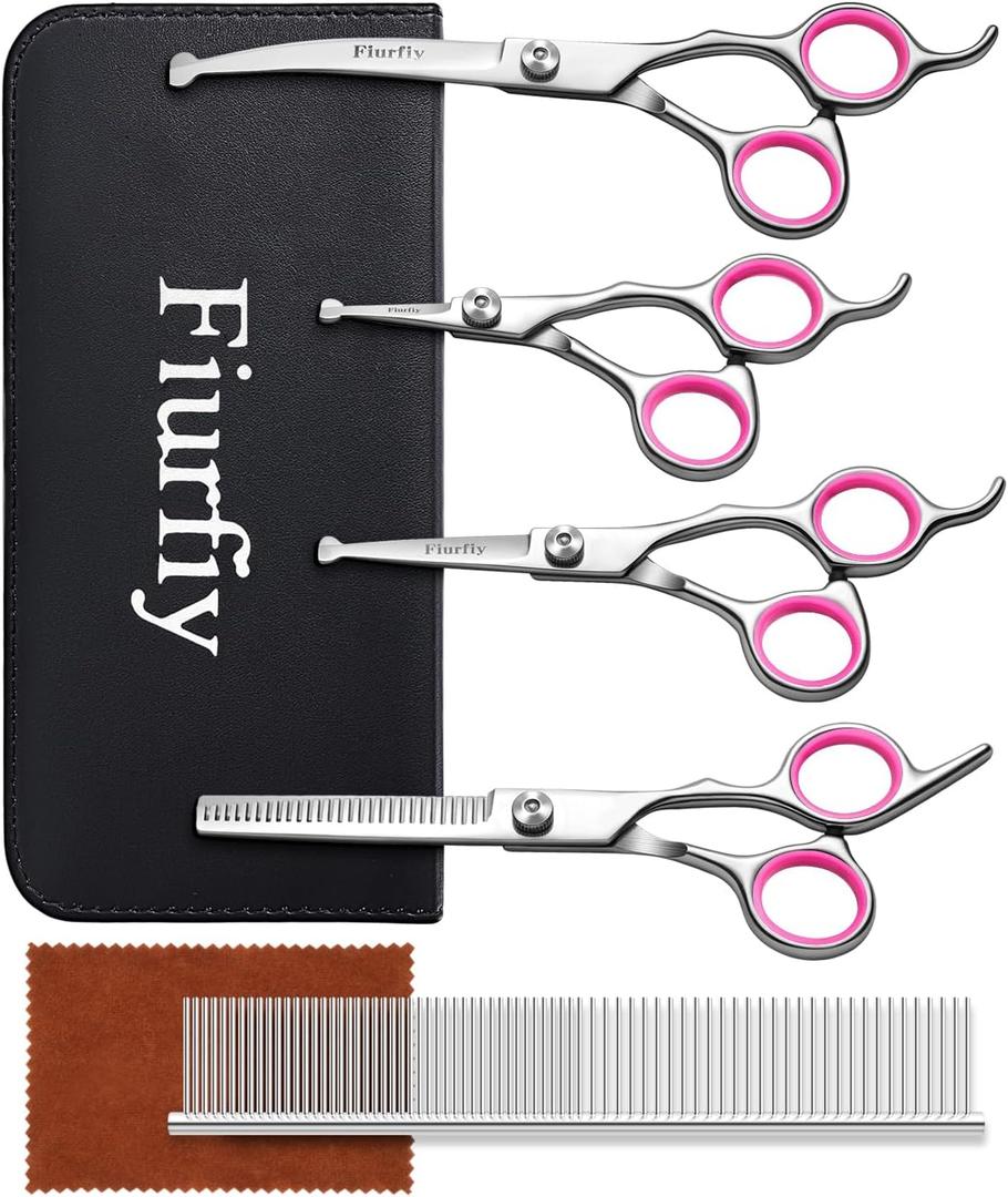 Furry Professional Pet Grooming Scissors with Safety Round Heads - 6 in 1 Curved Scissors for Dogs and Cats (Pink)