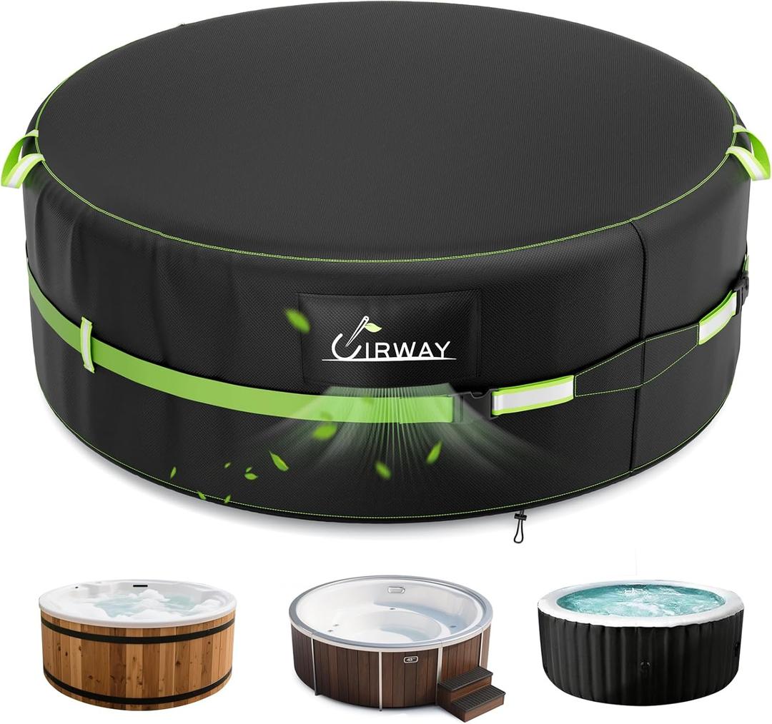 Uirway 600D Round Hot Tub Cover 79 x 28 Inch [2025 Upgraded Heavy Duty Fabric] Outdoor Waterproof Full Coverage Hot Tub Winer Covers, New Super Windproof Straps, Fits Most 6 Person Inflatable Hot Tubs