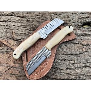 Custom Handmade 7'' Fixed Blade Hoof Rasp Knife / Cowboy Knife / Bull Cutter Cowboy Knives With Pancake Leather Sheath (White)