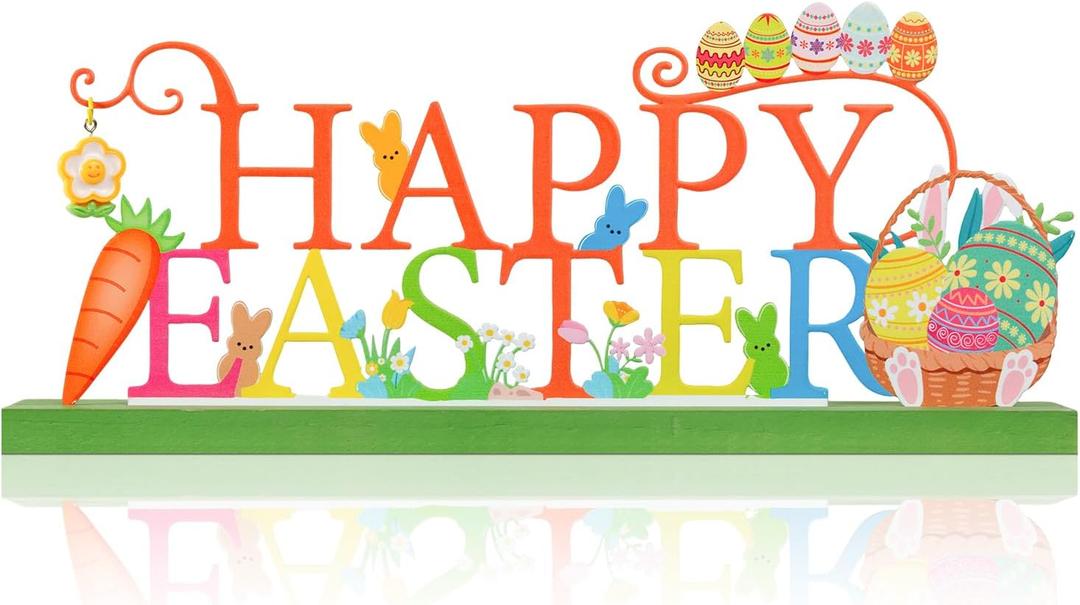 KHJCXS Metal Holiday Table Sign Decor, Decorations Tabletop Centerpiece for Home, Office, Shelf, Tiered Tray, Mantel, Indoor, Happy Easter