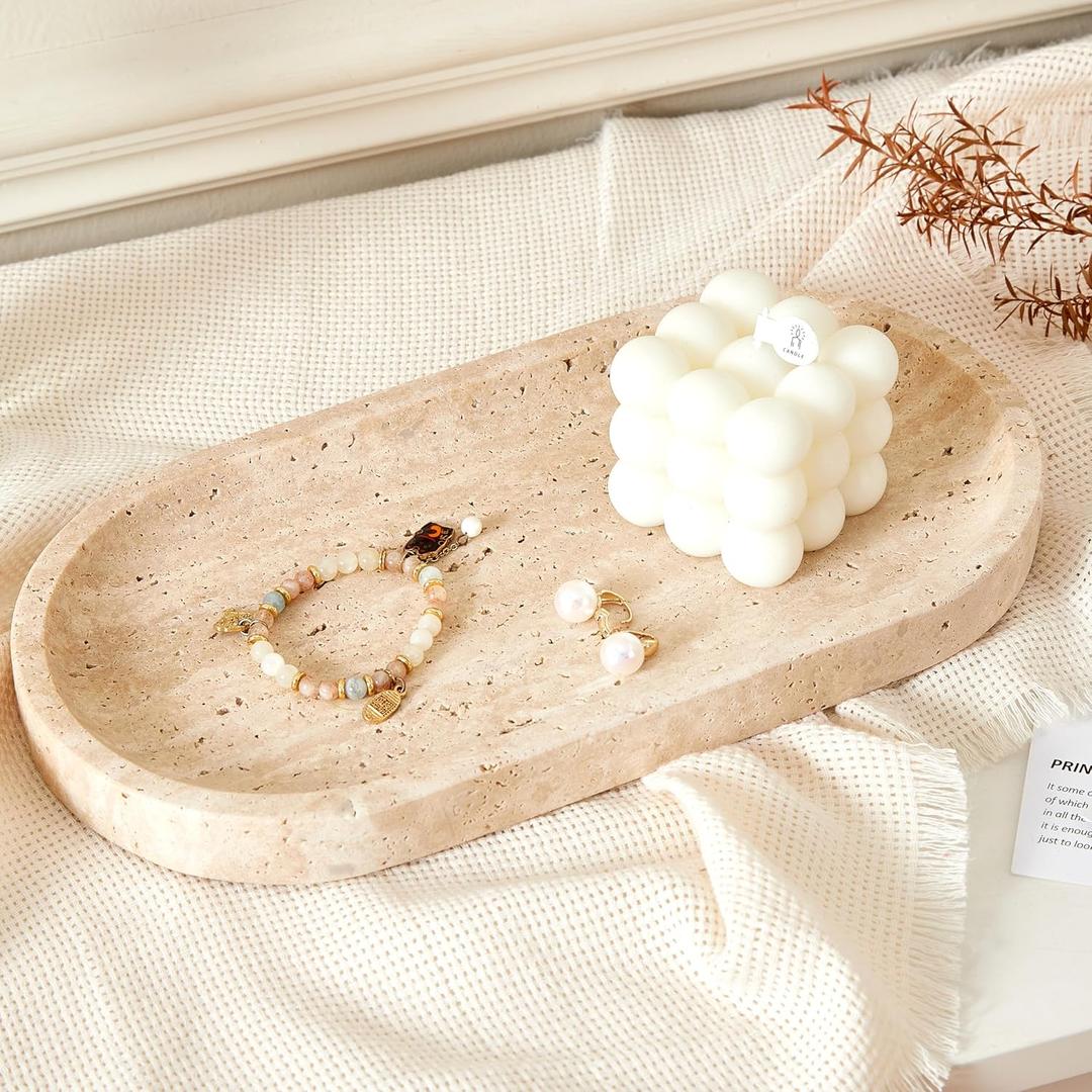Denique Natural Travertine Tray, 12" Vanity Tray Oval Decorative Tray, Countertop Organizer for Perfume & Candles, Jewelry Dish Ring Holder for Bathroom Counter, Vanity, Dresser (Travertine Beige)