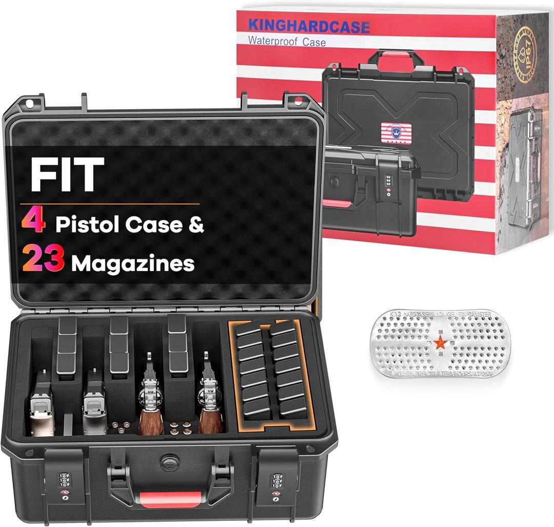 Built-In Lock TSA Gun Case for Handguns, 5 Pistol Case & 21 Magazines Pre-Cut Multiple Pistols Heavy Duty WaterProof & Shock Proof, TSA Approved Firearm Travel Case with Desiccant