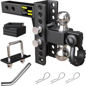 TIROL 2 Inch Adjustable Trailer Hitch Receiver with Shackle - 6 Drop/Rise Drop Hitch, 2'' & 2-5/16'' Ball Hitches, Dual Balls 25000 LBS Capacity - Heavy Duty Tow Hitch with Hitch Tightener