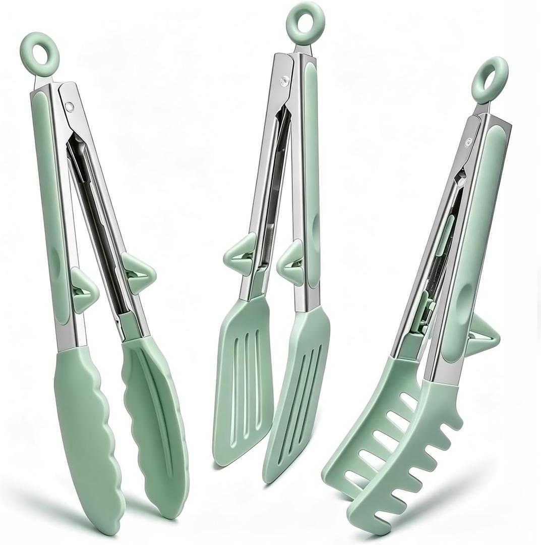 Kitchen Tongs for Cooking, 9 Inch Small Silicone Tongs, Food Grade Mini Serving Tongs with Silicone Tips, Set of 3, Green