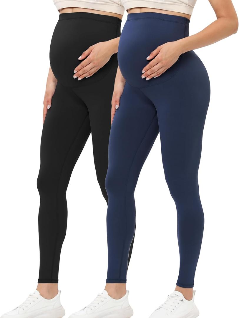 Buttergene Women's Maternity Leggings over the Belly Pregnancy Active Wear Workout Yoga Tights Pants (2pack Black/Navy)