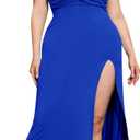 Plus Size Maxi Dress for Women Sexy Cross Neck Ruched Strapless Backless Short Sleeve Slit Long Dress Blue Large