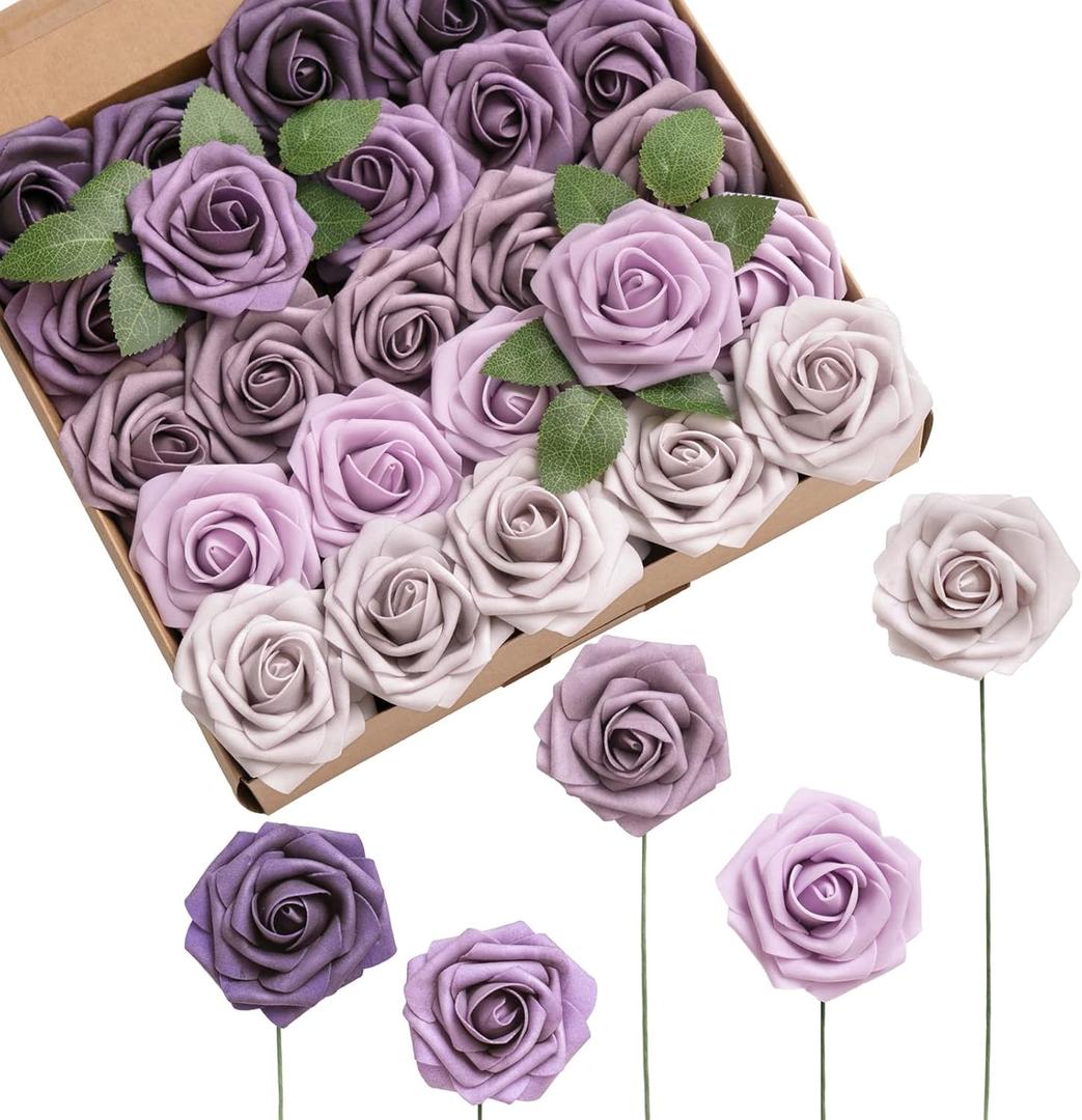 Ling's moment Artificial Flowers, 50Pcs 3" Roses in Purple Shades, Realistic DIY Foam Floral Decor for Wedding Bouquets/Centerpieces, Outdoor Party Backdrops, Room/Table, and Garden/Pot Decorations