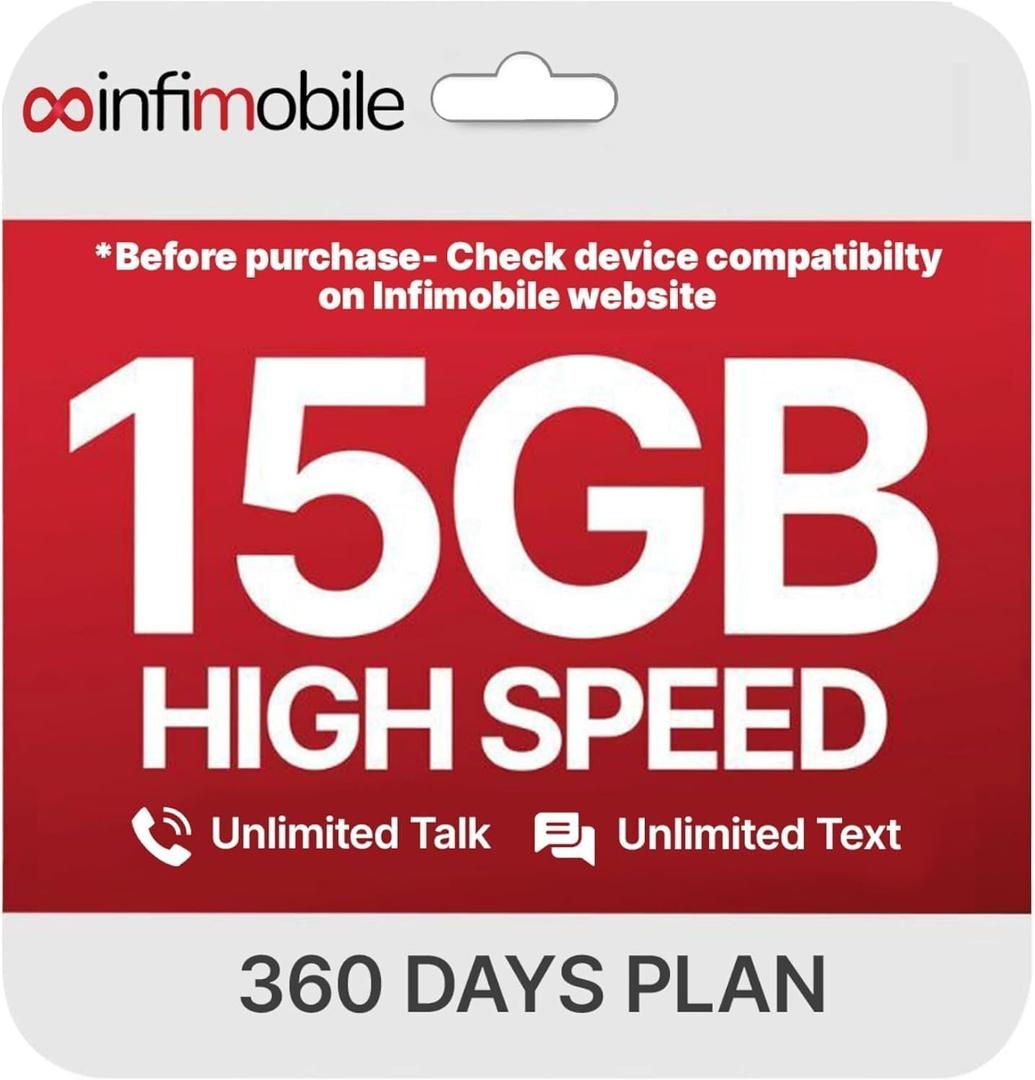 $12.50/Month | Infimobile Prepaid Unlimited Plan: 12 Months | 15GB High-Speed Data Per Month | Unlimited Data Talk & Text | Prepaid Plan Service SIM Card | Nationwide Coverage | 4G, 5G Network