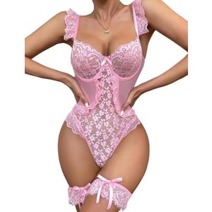 Aranmei Women Sexy Lingerie Bodysuit Floral Lace Teddy Babydoll Snap Crotch Ruffle One Piece with Thigh Bands (Medium, Pink)