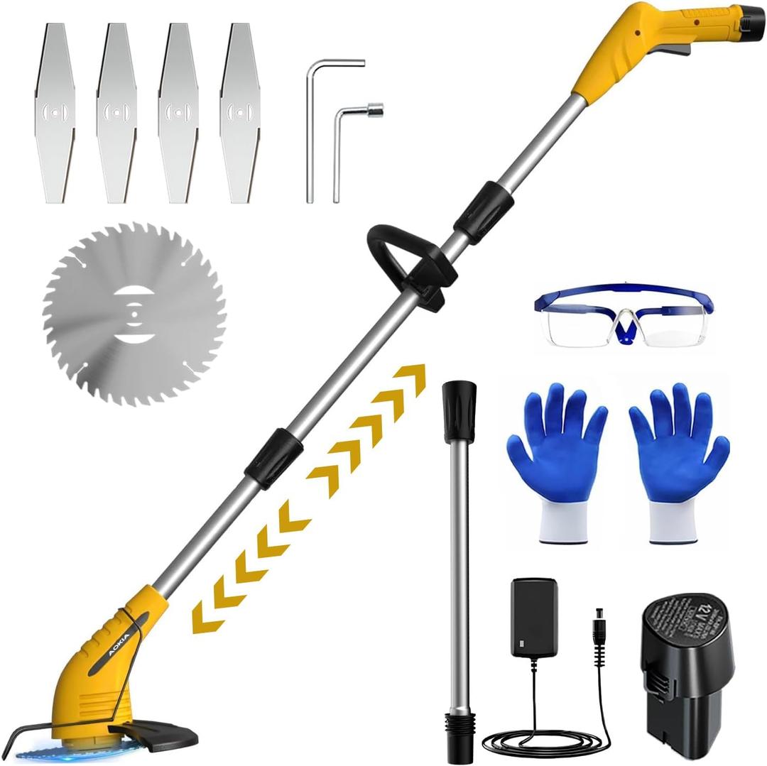 Weed Wacker Cordless,2000mah Battery Operated Weed Trimmer 3 Types Cutting Blade Lightweight Electric Grass Cutter,Fast Charger Portable Lawn Trimmer for Yard Garden (Yellow)