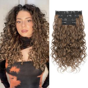REECHO Curly Hair Extensions, 4PCS 16 inch Clip in Hair Extensions Lace Weft Short Curly Hair Extensions Clip Ins Invisible Natural Hairpieces for Women, Light Brown