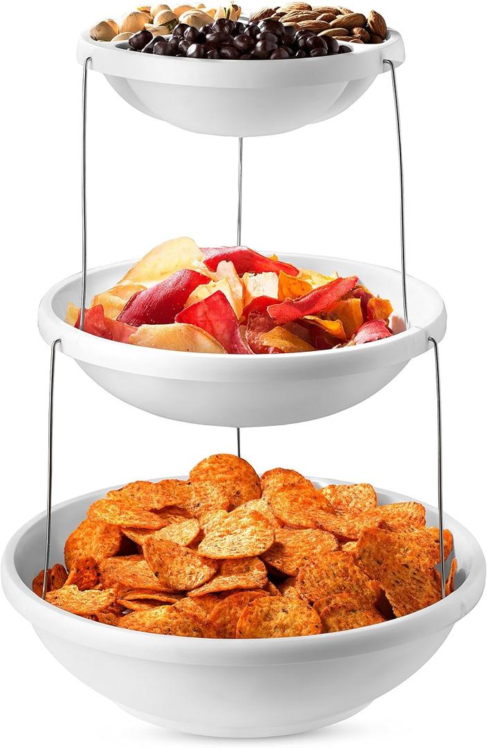 Masirs 3-Tier Collapsible Bowl: Decorative Design Folds for Minimal Storage. Ideal for Serving Snacks, Salad, and Fruit. Top Bowl Divided into Three Sections, (Party Bowl)