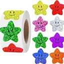 Anwyll Star Smiley Face Stickers - Happy Face Stars Stickers for Kid Reward 500Pcs 1Inch Shiny Star Sticker Self Adhesive Glitter Foil Stars Sticker for Envelope Seal Classroom Teacher Behavior Chart