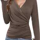 Women's Deep V Neck Cross Wrap Top, Long Sleeve Trendy Fall Ruched Asymmetricl Slim Fit Dressy Blouse, M