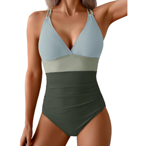 Women's One Piece Color Block Swimsuit Tummy Control Slimming Bathing Suit V Neck Cutout High Waisted Swimwear Medium
