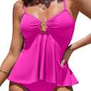 Aleumdr Women's Tankini Bathing Suits Bandeau 2 Piece Swimsuits Shell Swim Tank Top with High Waisted Bottom (Medium), Rose Red