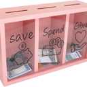 Wooden Give Save Spend Money Saving Box for Kids, Money Coin Savings Piggy Bank Jar Box for Kid Safe Money Saver, Teach Children About Giving Saving Giving Money Piggy Box for Boys Girls, Pink