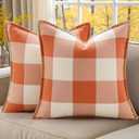decorUhome Summer Buffalo Plaid Check Throw Pillow Covers 18x18 Set of 2 Outdoor Linen Decorative Farmhouse Gingham Pillow Covers with Stitched Edge for Bed Couch Sofa, Orange and White