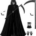 Grim Reaper Costume, Scary Halloween Costumes for Adults Unisex, With Scythe, Glow Gloves, Skull Mask, Suitable for Halloween Party, Dead Vampire Cosplay Ball, Horror Atmosphere Decoration, One Size