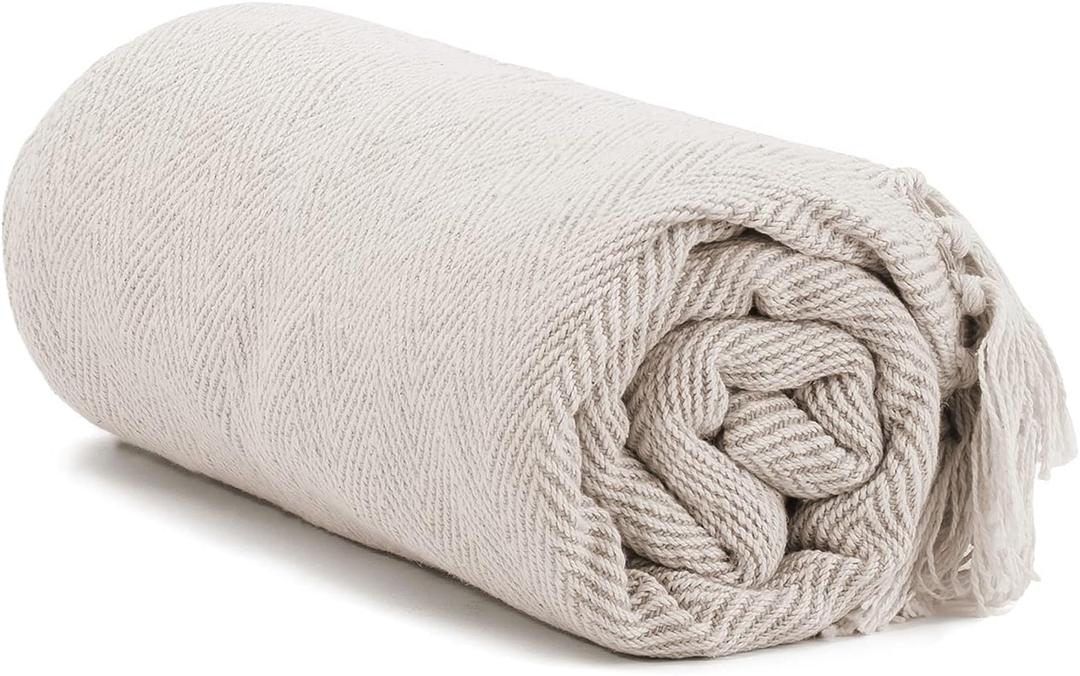 Americanflat 50x60 Throw Blanket - Soft and Breathable Cotton Throw Blanket for Couch, Bed, Chair - Decorative Blanket Perfect for Home, Office, or Outdoor Use - Cream Herringbone Blanket