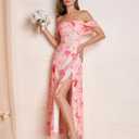 HTZMO Off Shoulder Floral Wedding Guest Maxi Dress Sexy Slit Summer Party Elegant Long Dresses for Women 2026 (Pink, XS)