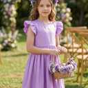 DIPUG Satin Purple Dress for Girls Casual A-Line Summer Dresses for Kids Size 12 with Flutter Sleeve Girls Spring Swing Sundress for Wedding Party