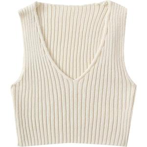 SweatyRocks Women's Ribbed Knit Crop Sleeveless V-Neck Sweater Vest Crop Tank Top, XL