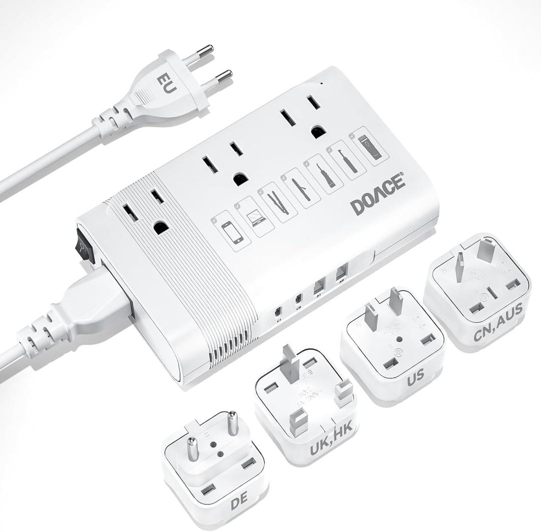 DOACE 220V to 110V Converter for European Travel - 350W Voltage Converter US to Europe with 4 QC+PD Chargers for Using U.S. Devices Abroad - Hair Straightener Shaver Toothbrush Laptop Camera Phone (White)