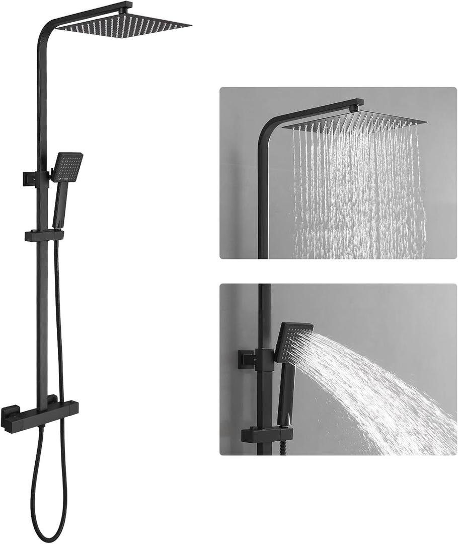 Homevacious Wall Mount Outdoor Shower Kit 9 Inch Rainfall Shower Head Handheld Spray Single handle Center Exposed Shower with Square Shower Head Matte Black