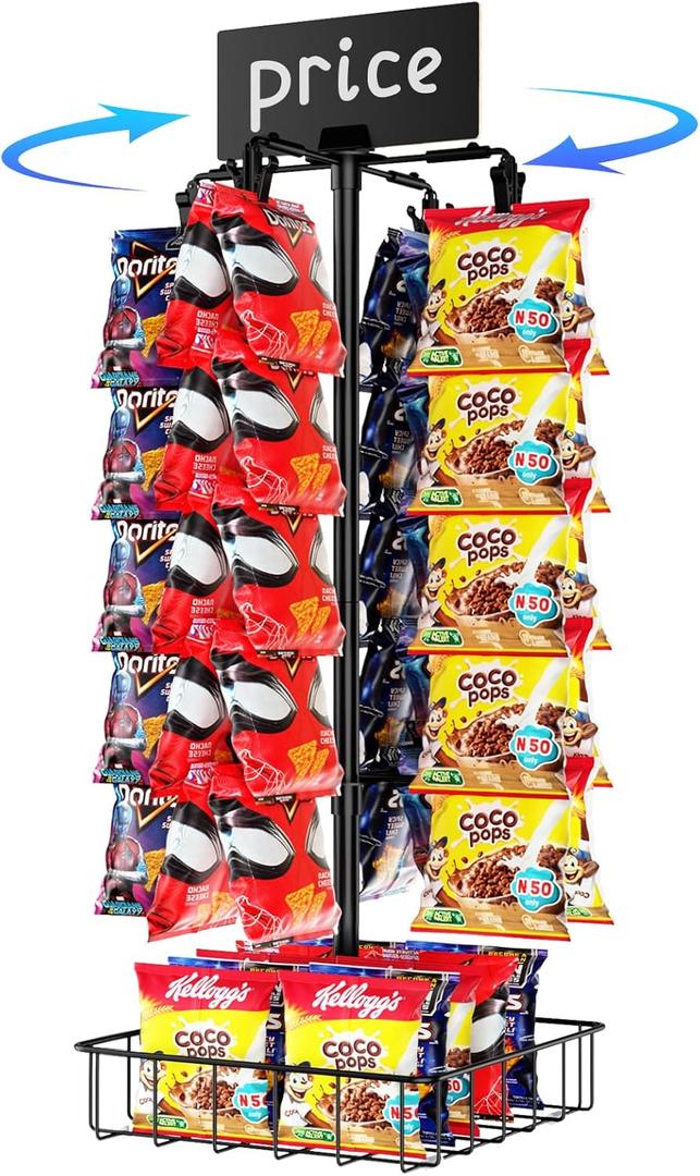 TJ.MOREE Chip Rack Display Stand, Chip Bag Holder for Party 360 Rotating 48 Clips Countertop Snack Hanger, Snack Retail Display Rack