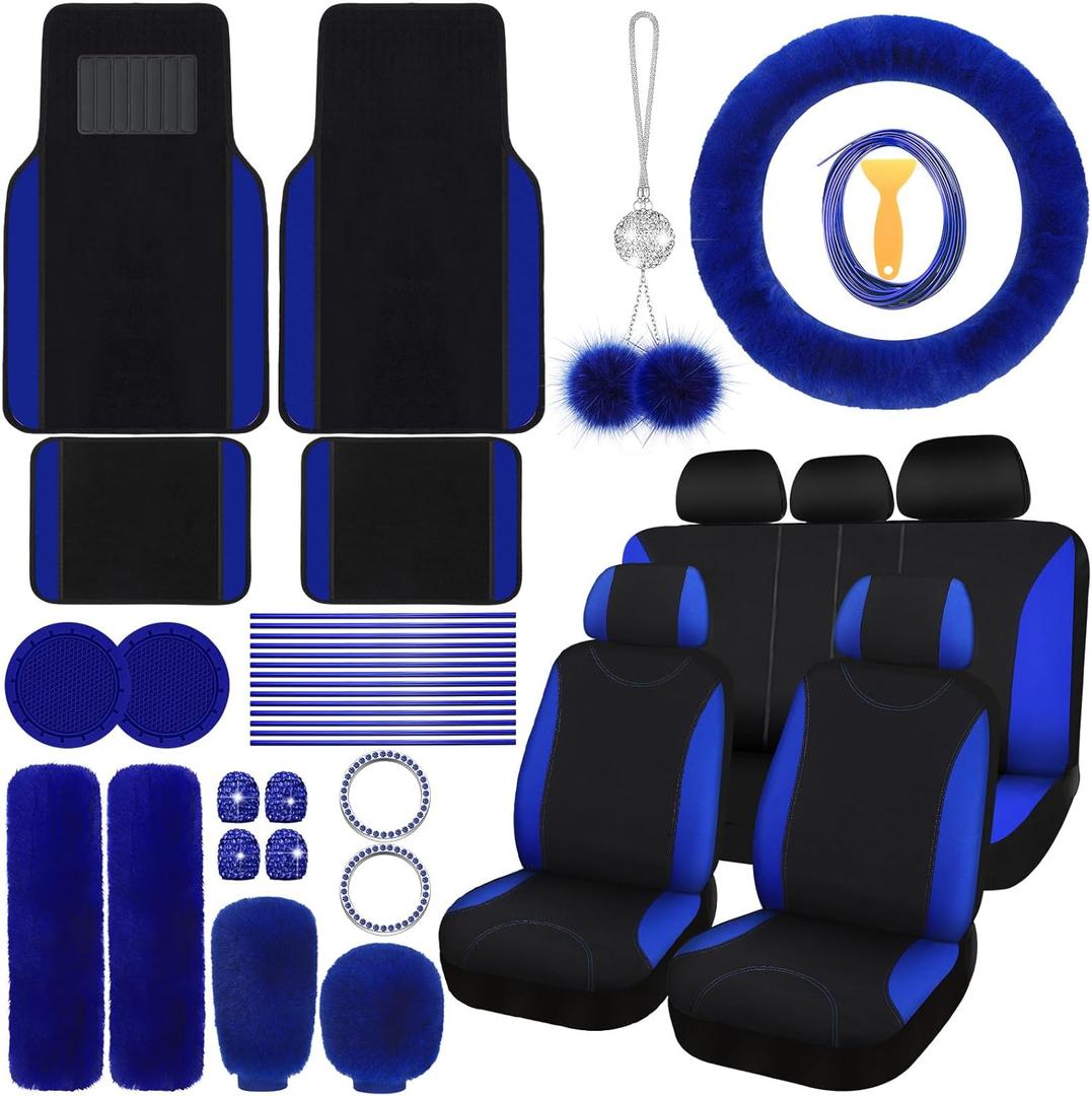 Woanger 47 Car Seat Cover Full Set for Women Included Car Front Rear Seat Fluffy Steering Wheel Cover Belt Automotive Floor Mats Air Conditioner Decoration Strip Universal (Blue)