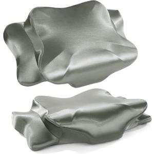 HOMBYS 2-Pack Satin Cervical Pillowcases (Only Pillowcase), Silky Satin Butterfly-Shaped Contour Pillow Cover Cervical Neck Pillow Case with Zipper for Side Back Stomach Sleepers (Gray, Queen Size) (Grey)