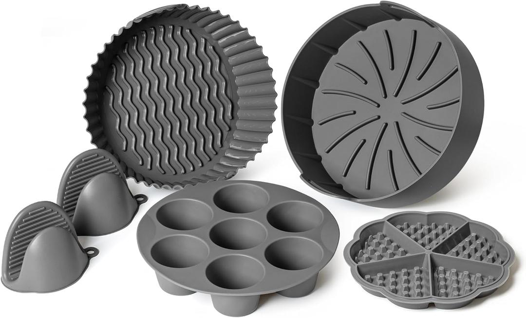 EM Set of 5 Silicone Air Fryer Liners with Egg Bite Mold, Waffle Mold & Mitts - 7.5 Round Reusable Silicone Inserts for 3-5 Qt Airfryers - Easy to Clean & Heat-Resistant Air Fryer Accessories Set