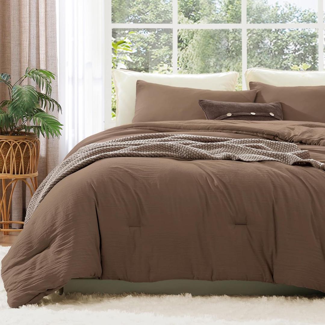 WRENSONGE King Size Comforter Set - 3 Pieces Brown Comforter Prewashed Soft Lightweight for All Seasons,Fluffy Down Alternative Comforter King Size with 2 Pillow Shams (Raw Umber)