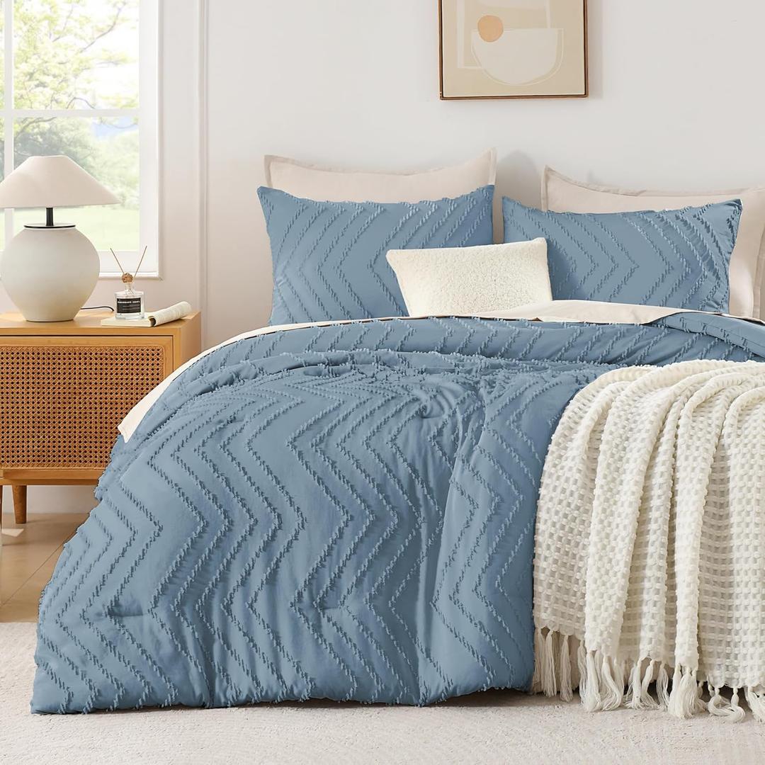 Andency Greyish Blue Comforter Set Queen Size, Boho Soft Warm Tufted Bedding Comforter Sets for Queen Size Bed, 3 Pieces Aesthetic Chevron Farmhouse Cute Bohemian Textured Bed Set (Queen (90"x90"))