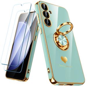 Nonional for Samsung Galaxy S23 FE 5G Case with 2 Pack Screen Protector, 360° Rotatable Ring Holder [Luxury Hearts Pattern] Plating Gold Edge Slim Soft Phone Cover Case for Galaxy S23 FE - Mint
