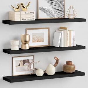 Forbena Large Floating Shelves for Wall 36 Inches Long 8 Inch Deep, Black Wall Shelves for Kitchen Bedroom, Heavy Duty Wooden Floating Shelf for Living Room Office Closet (Black, Set of 3)