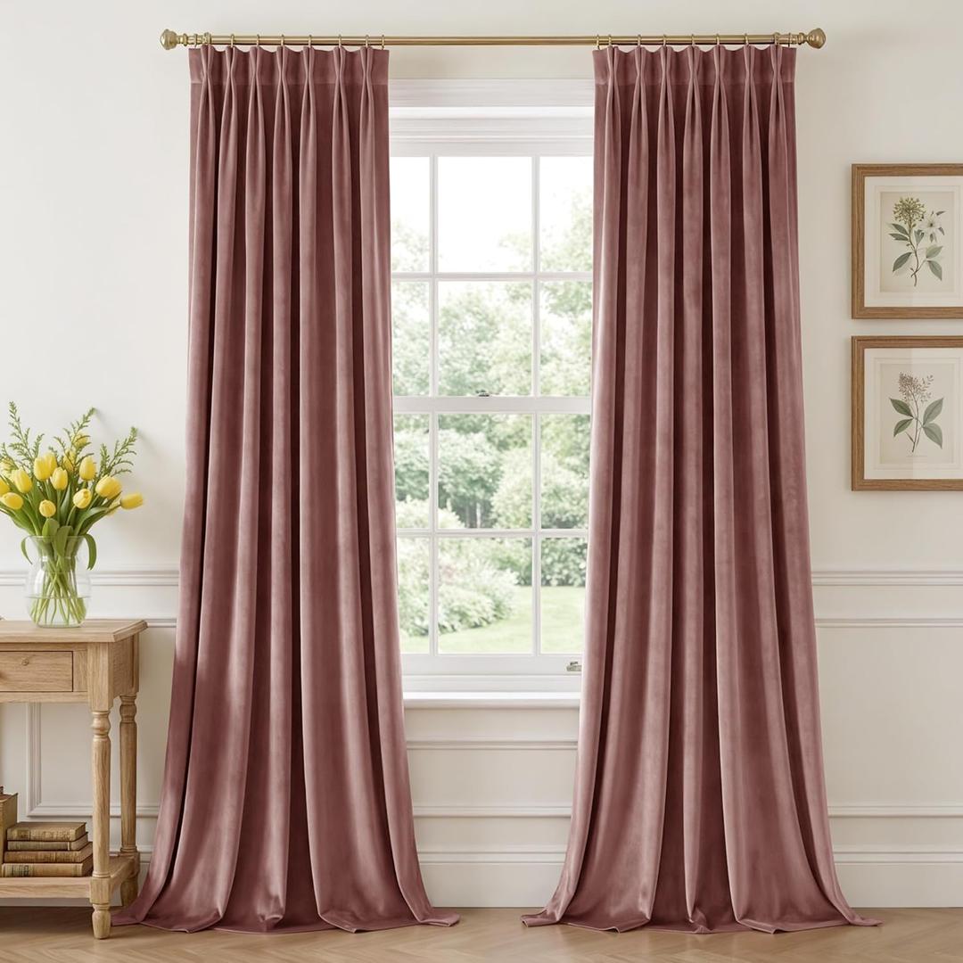 StangH Dusty Rose Velvet Curtains 96 inches Long, Romantic Pinch Pleated Drapes with Hooks Vertical Light Blocking Window Treatments for Living Dining Room, W40 x L96, 2 Panels