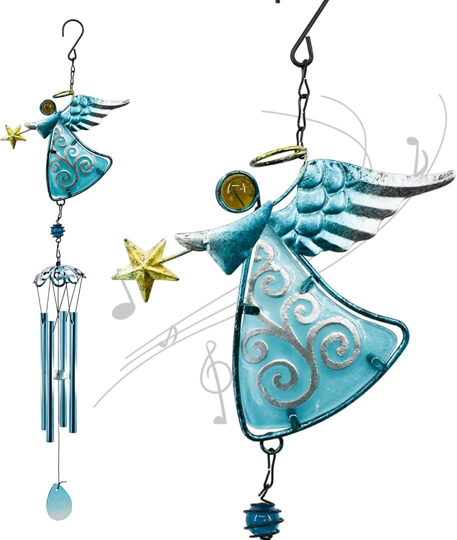 MrMrKura Angel Wind Chimes, 31.5 Angel Metal Wind Chimes for Outside with Metal Tubes & S Hook for Home Garden Decoration Christmas Decoration Hanging Ornament Wind Bell Gifts for Mom (Blue)