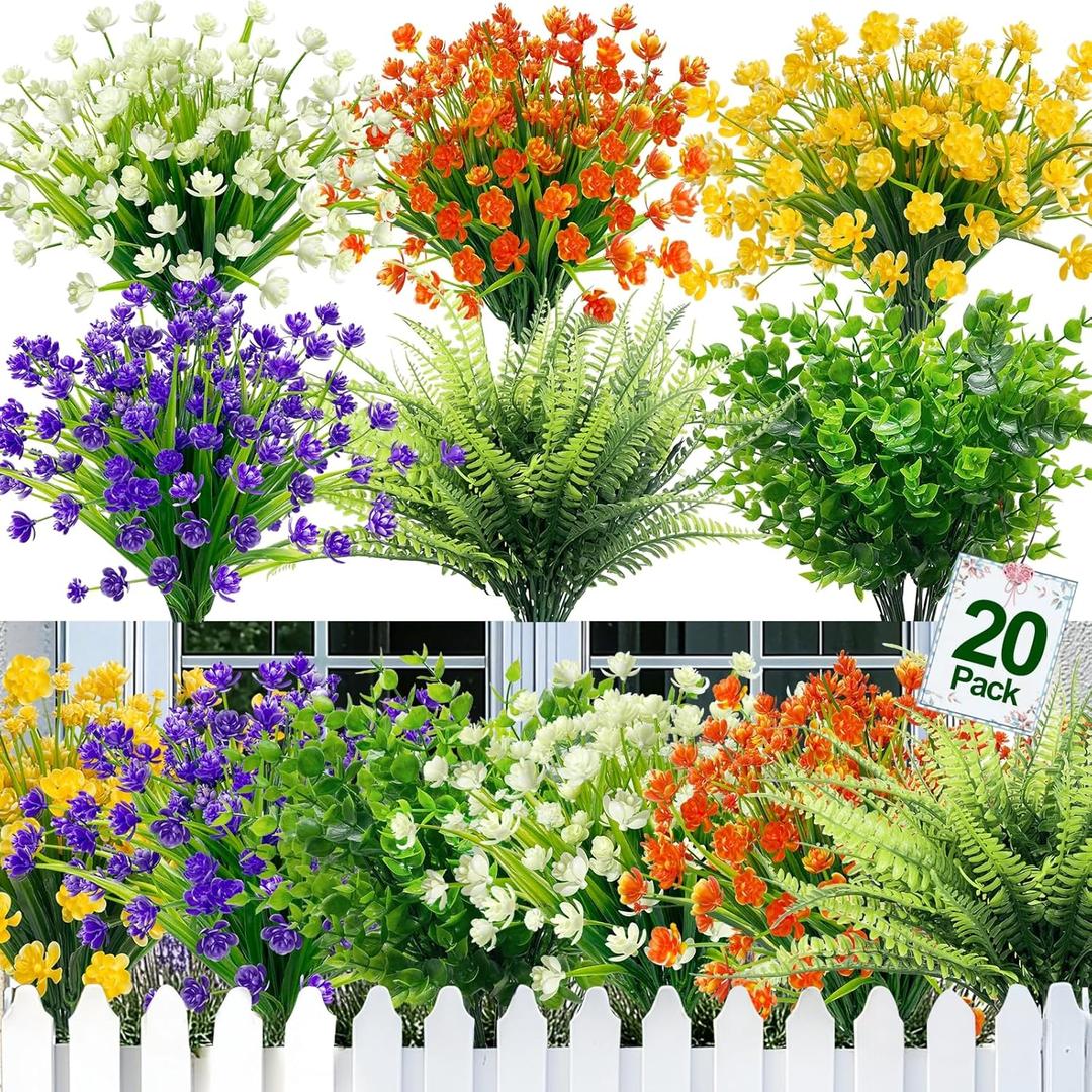 TURNMEON 20 Bundles Artificial Flowers for Outdoors, Summer Spring Grass Camellia Fake Flowers Fern Plants Eucalyptus UV Resistant No Fade Greenery for Garden Porch Indoor Cemetery Decor(Mix 6 Styles)