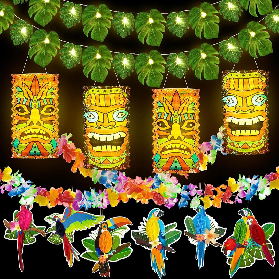 35 Pcs LED Luau Party Decor Hawaii Tropical Tiki Paper Lanterns Hibiscus Garland Monstera Leaf String Lights Birds Honeycomb Cutouts for Summer Birthday Party Decorations Supplies