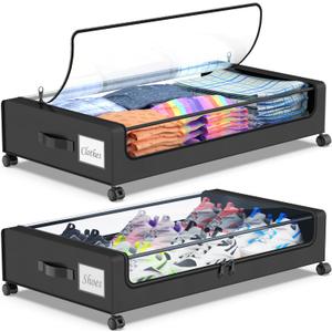 Beborxue Under Bed Storage with Wheels, 2-Pack Underbed Storage Containers with Clear Lids, XXL 60L Under the bed storage Organizer Bins, Rolling Under Bed Metal Drawer for Clothes,Shoes,Toys (Black)