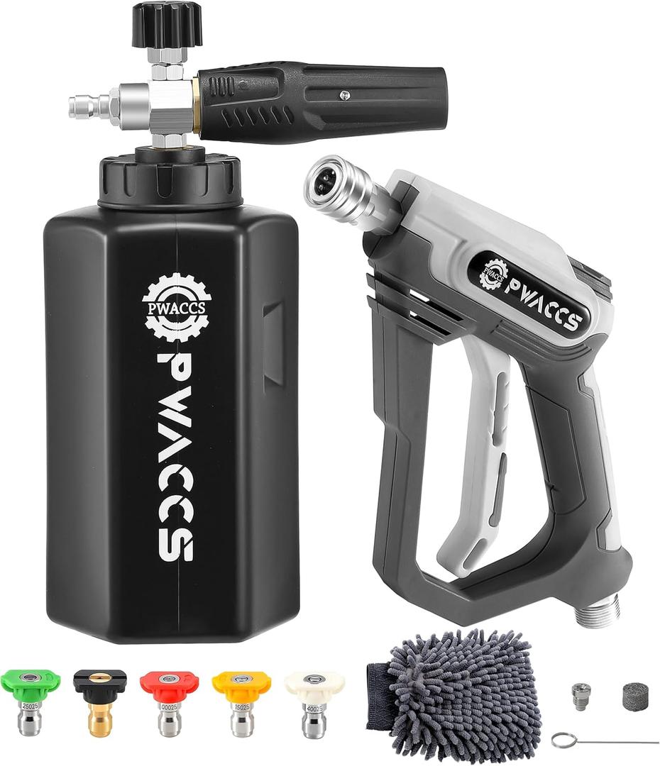 PWACCS Pressure Washer Foam, Short Pressure Washer, Foam Cannon for Car Wash Kit with 1/4" Quick Connector, Pressure Wash Handle for Power Washer with M22 Male Inlet, 4000 PSI, 1.5 Liter