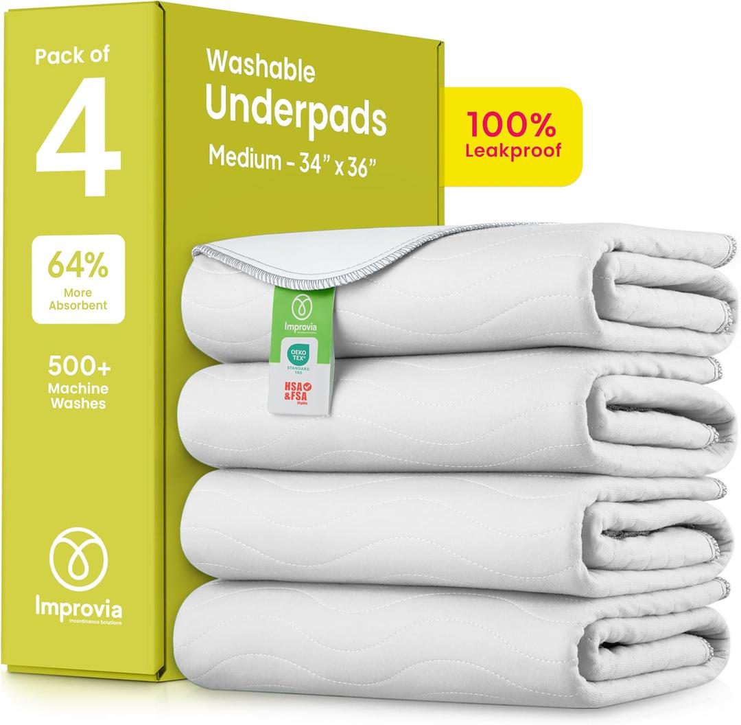 IMPROVIA Washable Underpads, Heavy Absorbency Reusable Incontinence Pads for Kids, Adults, Elderly, and Pets - Waterproof Protection Floor White & White (4 Pack - 34x36)
