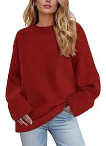 Women's Oversized Sweater, Crewneck Long Sleeve Women Sweaters, 2025 Fall Winter Fuzzy Knit Casual Sweater, Chunky Warm Pullover Sweaters Top, Red, Medium