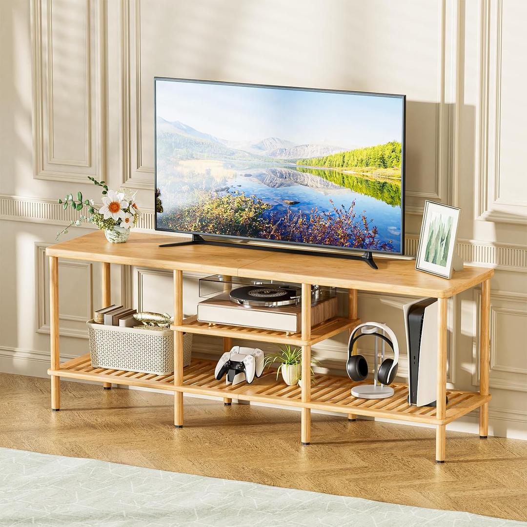 Amazer Bamboo TV Stand for 60 65 Inch TV, Entertainment Center with 3 Tier Open Storage Shelf, Wood TV Table for Living Room, Bedroom, 59 x 15.75 x 22.4 inches