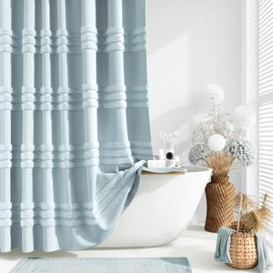 Dynamene Fog Blue Fabric Shower Curtain, Tufted Chenille Striped Textured Cloth Shower Curtain for Bathroom, Farmhouse Shabby Chic Waterproof Shower Curtain Set with Hook, Machine Washable, 72x72