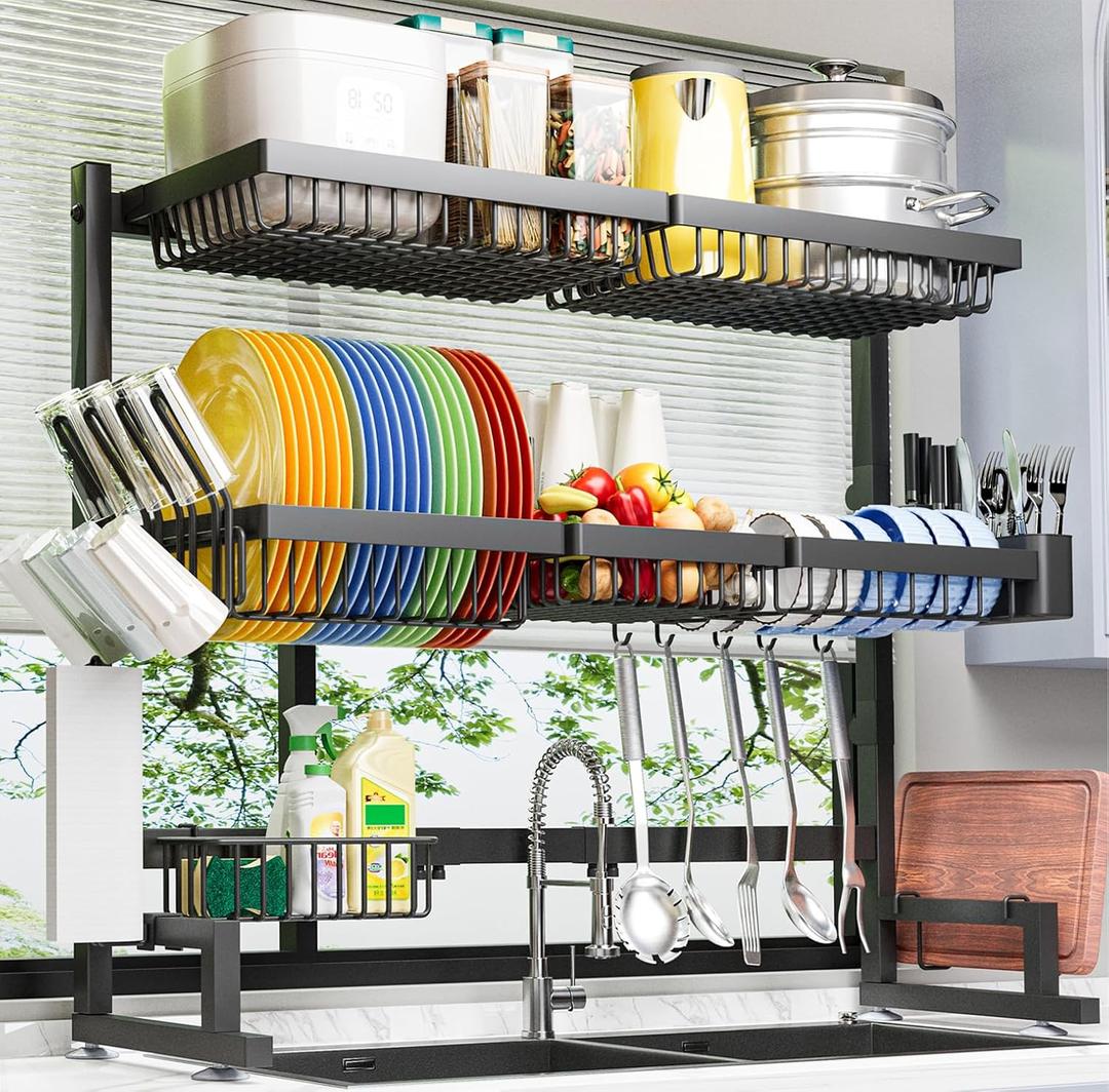 ADBIU Over The Sink Dish Drying Rack (Expandable Height and Length) Snap-On Design 2 Tier Large Dish Rack 31-39.4L x 12W x 34-38H inches