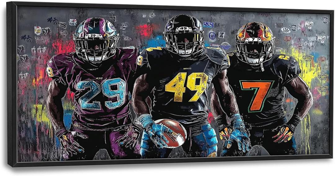 Large Football Wall Art for Living Room, Framed Oversized Graffiti Sport Wall Decor Cool Canvas Painting Pictures for Men Modern Artwork for Living Room Bathroom Bedroom Office Dining Room 60"x30"